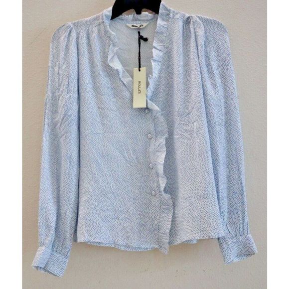 Rolla's 12963 Women's Sz S French Blue Mini Spot Ruffled Button Up Lily Blouse - Picture 1 of 11